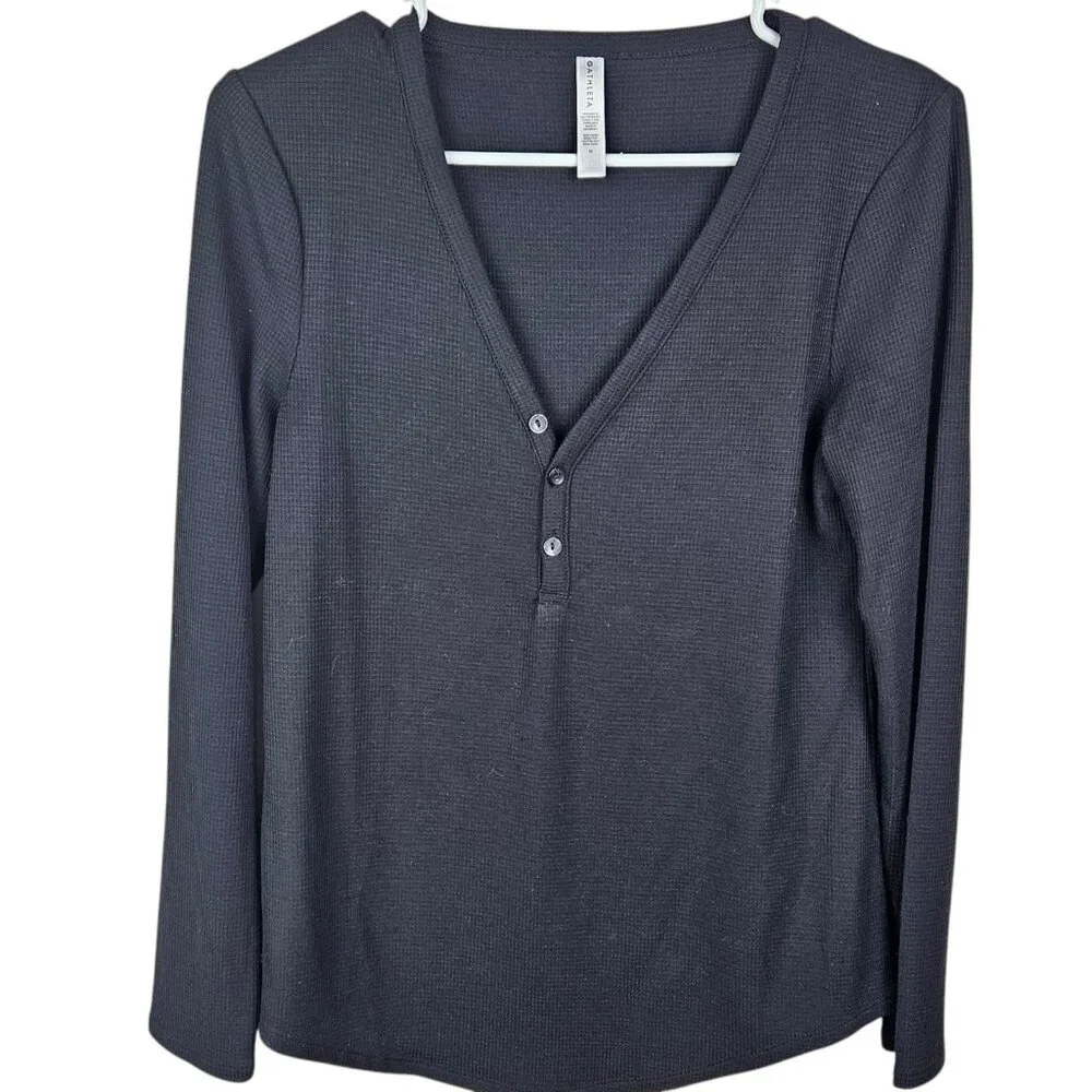 Athleta Wind Down Black Henley‎ Style Long Sleeve Top Waffle Knit Size Medium